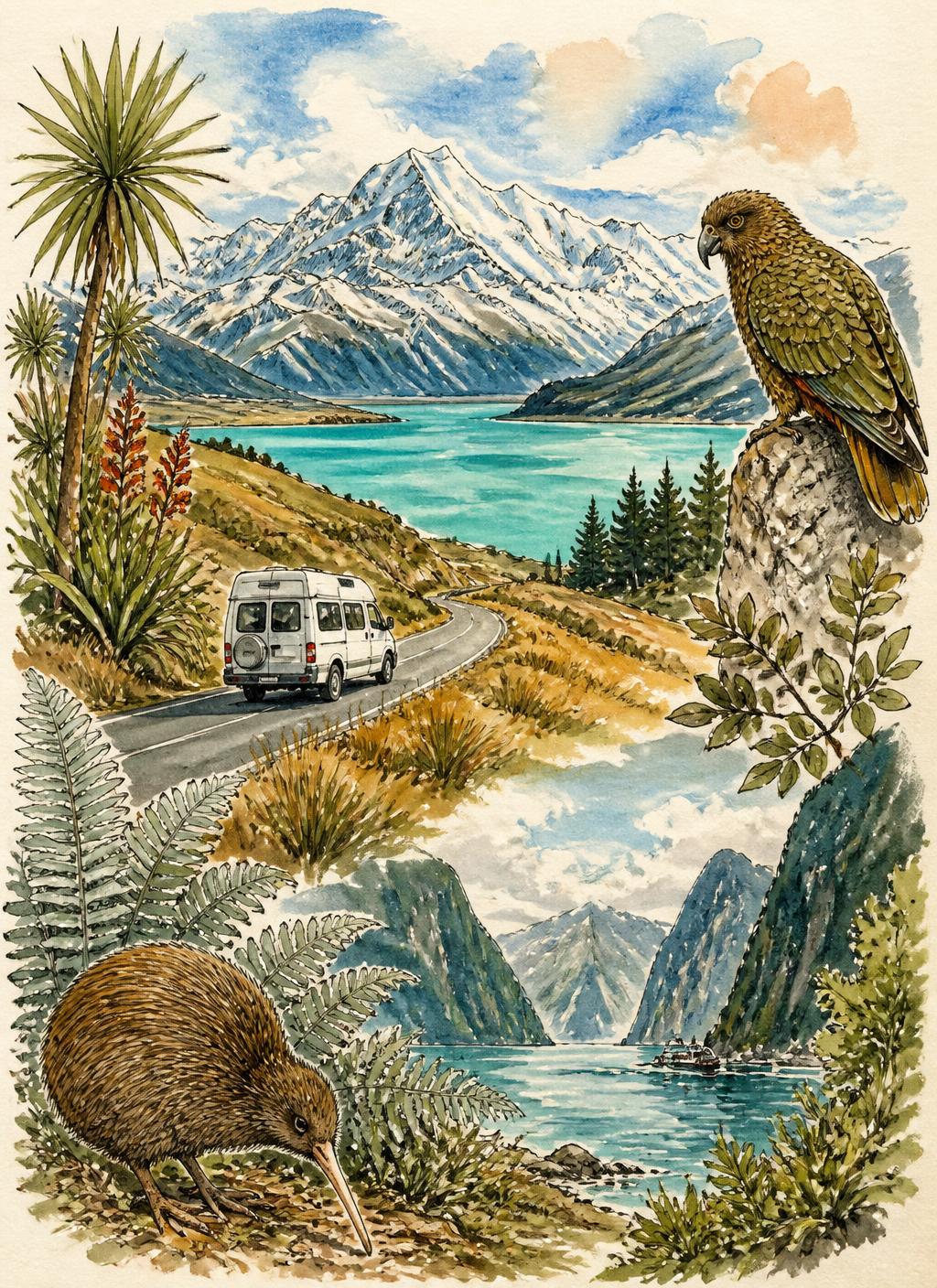 Painted cover illustration of the I Love New Zealand Travel Guide